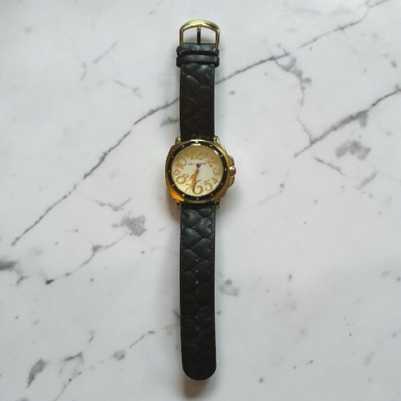 Betsey Johnson Gold Black Signature Logo Leather Quilted Strap Quartz Watch - Picture 4 of 8